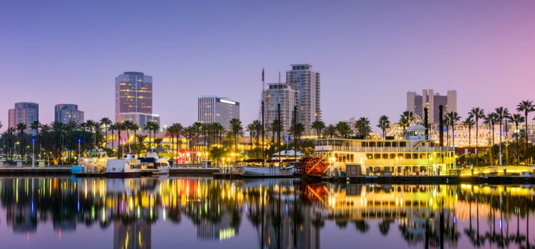 Waterfront view of Long Beach boats and high-rises
